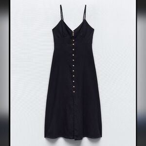 Zara Linen Blend Midi Slip Dress XS Black V-neck wooden button